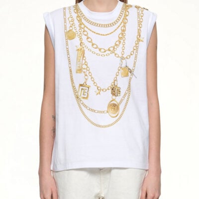 Balmain Trompe L'oeil Necklace Print Tank Top in White/gold White / Xs