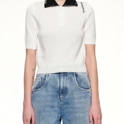 Marni Short Sleeve Knit Polo in Natural White / 38