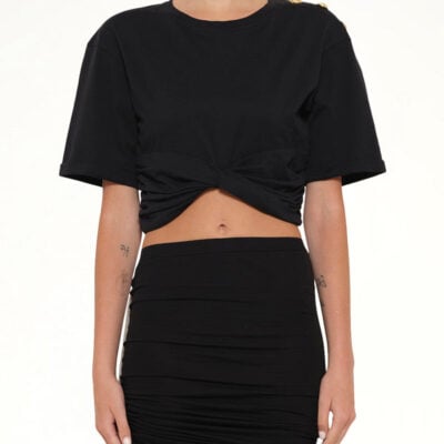 Balmain Cropped Knotted T-shirt in Black/beige Black / Xs