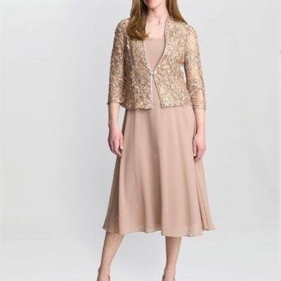 Gina Bacconi Adele Soutache Lace Jacket With Chiffon Brown Dress