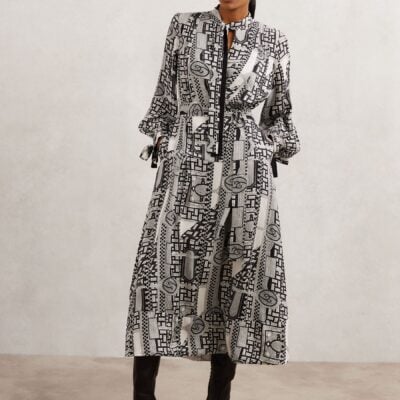 Reiss Black/Ivory Marie Geometric-Print Tie-Neck Dress