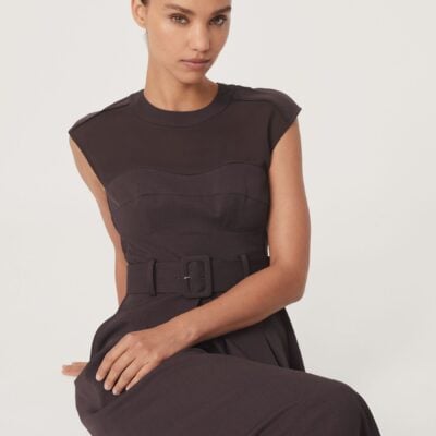 Reiss Burgundy Ava Petite Mesh-Panel Belted Pleated Midi Dress