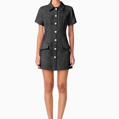 Elliatt Black Alia Short Sleeve Button Down Tweed Mini Dress