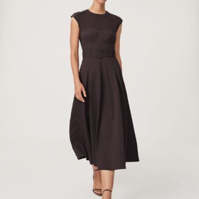 Reiss Burgundy Ava Mesh-Panel Belted Pleated Midi Dress