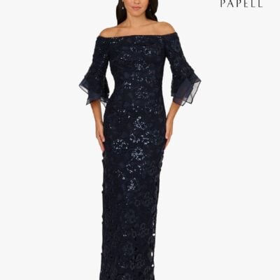 Adrianna Papell Blue Sequin Lace Combo Column Gown