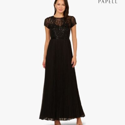 Adrianna Papell Black Bead Pleat Long Dress
