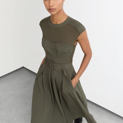 Reiss Khaki Green Ava Mesh-Panel Belted Pleated Midi Dress