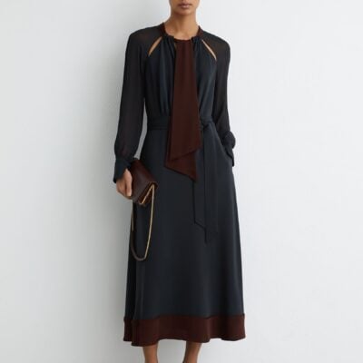 Reiss Navy/Burgundy Estella Tie-Neck Belted Midi Dress