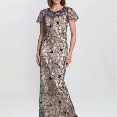 Gina Bacconi Black Marie-Claire Floral Embroidered Mesh Maxi Dress