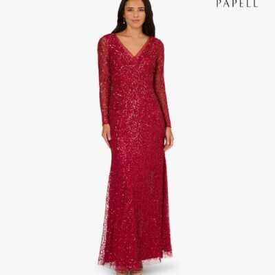 Adrianna Papell Red Long Sleeve Bead Long Dress