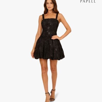 Adrianna Papell Black Soutache Flounce Short Dress
