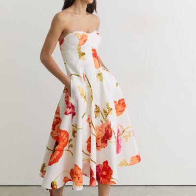 Reiss Cream/Red Penelope Cotton Floral Bustier Midi Dress with Stretch