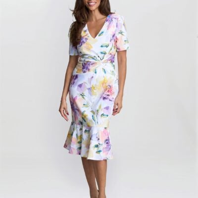 Gina Bacconi White Joy Printed Crepe Dress