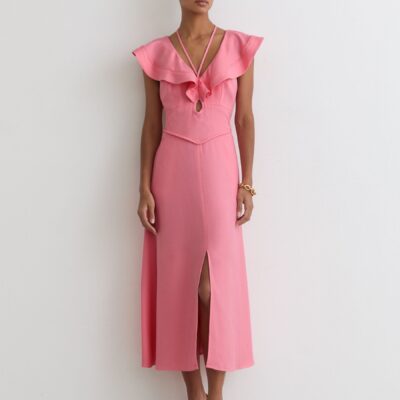 Reiss Pink Giselle Ruffle Tie-Neck Keyhole Midi Dress