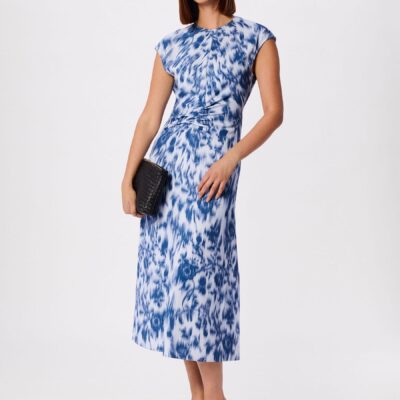 Whistles Blue Blurred Floral Crepe Dress