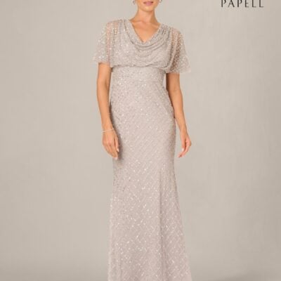 Adrianna Papell Silver Beaded Cowl Drape Dress