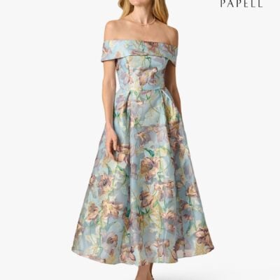 Adrianna Papell Blue Jacquard Ankle Length Dress