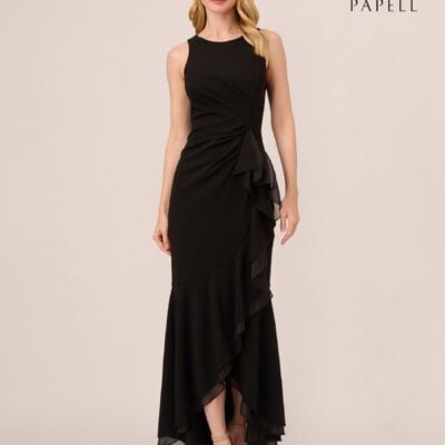 Adrianna Papell Black Ruffle Crepe Halter Dress