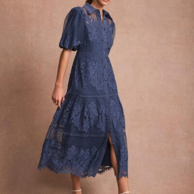 Mint Velvet Blue Lace Midi Shirt Dress