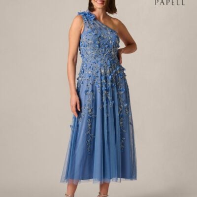 Adrianna Papell Blue Petite One Shoulder Bead Dress
