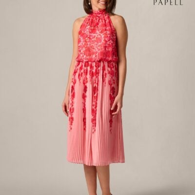 Adrianna Papell Pink Print Pleat Chiffon Dress