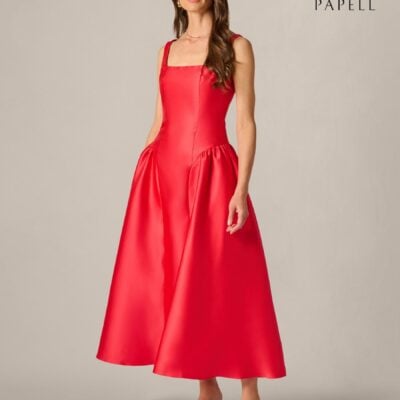 Adrianna Papell Red Shirred Mikado Ankle Dress