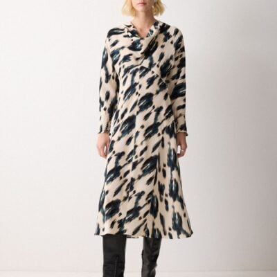 Jigsaw Cream Ikat Cowl Neck Godet Dress