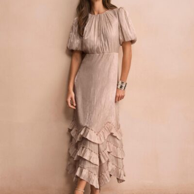 Mint Velvet Natural Metallic Ruffle Midi Dress