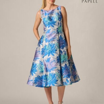 Adrianna Papell Blue Jacquard Tea Length Dress