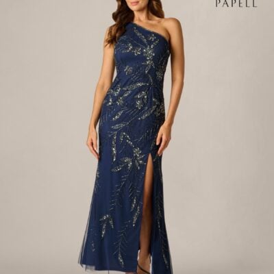 Adrianna Papell Blue Studio Bead Mesh Long Dress