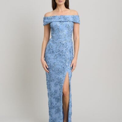 Gina Bacconi Blue Janette Embroidered Sequin Off-Shoulder Maxi Dress