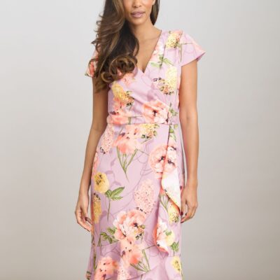 Gina Bacconi Pink Marlena Cap Sleeve Ruffle Print Dress