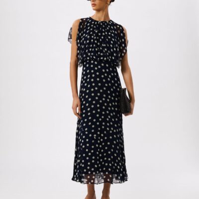 Whistles Blue Polka Dot Print Midi Dress