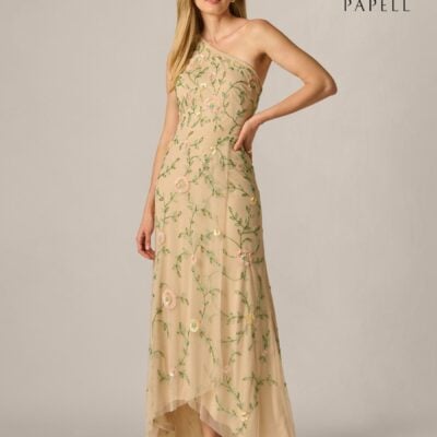 Adrianna Papell Natural One Shoulder Beaded Dress