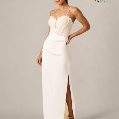 Adrianna Papell White Satin And Lace Long Dress