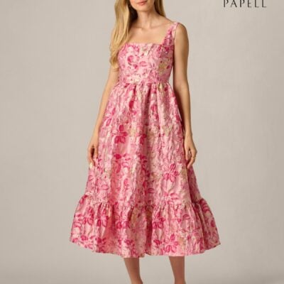 Adrianna Papell Pink Jacquard Flounce Dress