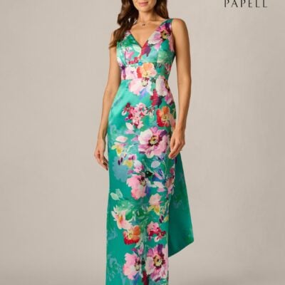 Adrianna Papell Green Printed Mikado Bow Back Gown