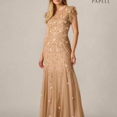 Adrianna Papell Natural Bead Mesh Godet Long Dress