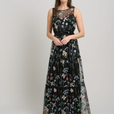 Gina Bacconi Black Moira Embroidered Floral Maxi Dress