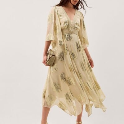Monsoon Cream Lydia V-Neck Shimmer Midi Dress