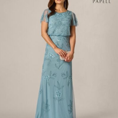 Adrianna Papell Light Blue Bead Blouson Long Dress