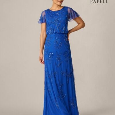 Adrianna Papell Blue Bead Blouson Long Dress