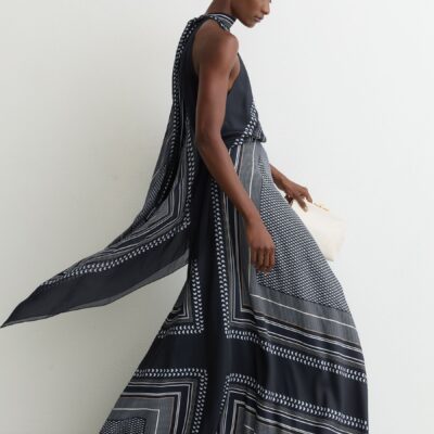 Reiss Navy Skylar Scarf-Print Tie-Neck Maxi Dress