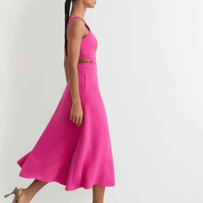 Reiss Raspberry Pink Dina Waisted Cut-Out Twill Midi Dress