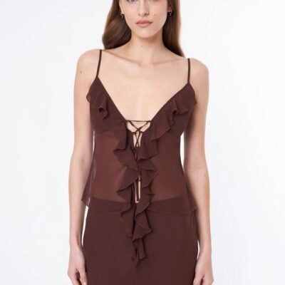 Beyond Her Bria Frill Top Size 14 Chocolate
