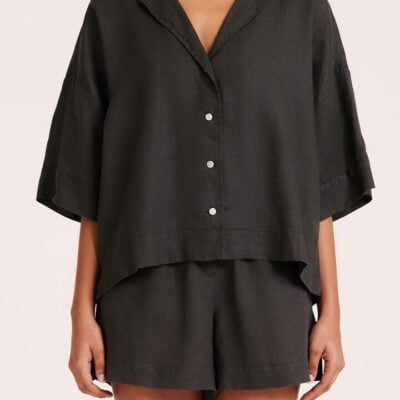 Nude Lucy Nude Lucy Womens Lounge Linen Shirt Linen Grey Size M Casual Fit Button Front Wide Elbow Sleeves