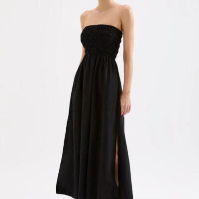 Nude Lucy Zuri Linen Cotton Blend Strapless Maxi Dress Black Size L With Side Pockets And Splits