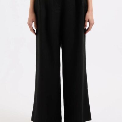 Nude Lucy Thilda Womens Linen Pant Black 100% Linen Mid Rise Wide Leg Front Pleats Size L