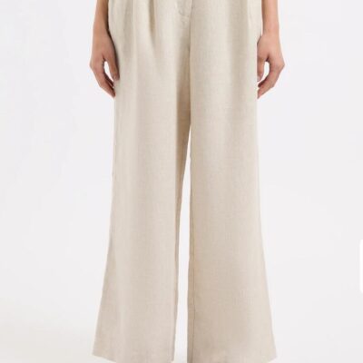 Nude Lucy Thilda Womens Linen Pant Cream 100% Linen Mid Rise Wide Leg Front Pleats Concealed Closure XS