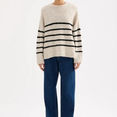Nude Lucy Elias Stripe Knit Womens S M Premium Fluffy Yarn Oversized Crew Neck Rib Cuff Hem